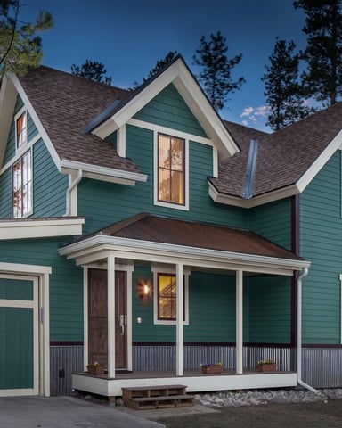 Green and white two-story house with gabled roof, front porch, and attached garage surrounded by tall pine trees.