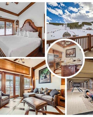 Ski resort rental collage showing bedroom with ski slope view, snowy mountain landscape from deck, kitchen, living room with fireplace, and bowling alley