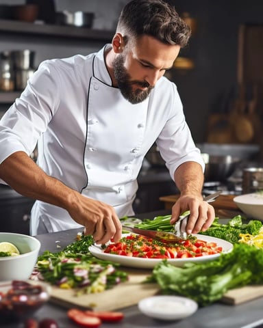 Chef in white jacket preparing fresh vegetables and plated dishes in modern kitchen with dark countertops and shelving