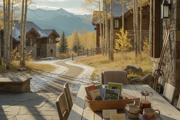 Patio table with books and tea service overlooking mountain valley with stone houses and golden aspen trees in autumn