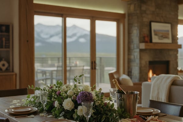Dining table set with floral centerpiece and charcuterie board, mountain view through large windows, stone fireplace in background.