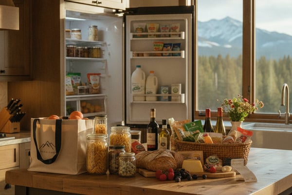Kitchen with wood island displaying groceries and wine bottles, open refrigerator, and mountain view through large windows