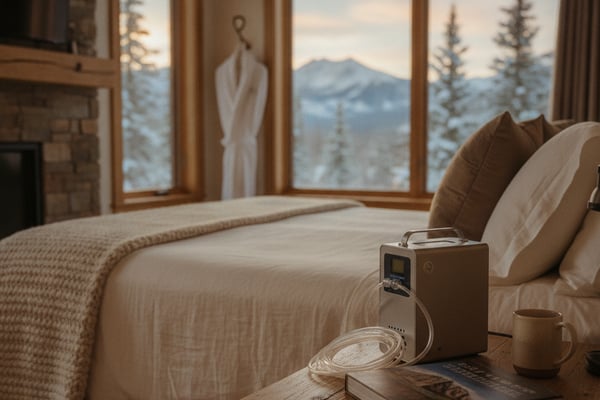Bedroom with bed, wooden nightstand with coffee mug and books, large windows framing snowy mountains and evergreen trees