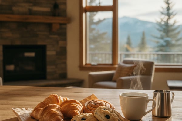 Wooden table with pastries, coffee cup, and metal pitcher overlooking mountain landscape through large windows