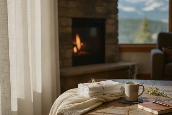 Wooden table with folded linens, mug, and notebook overlooking fireplace and snow-capped mountains