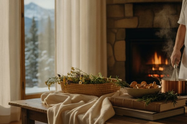 Cozy interior with fireplace, wooden table displaying woven basket of dried flowers, books, and nuts, mountain view through window