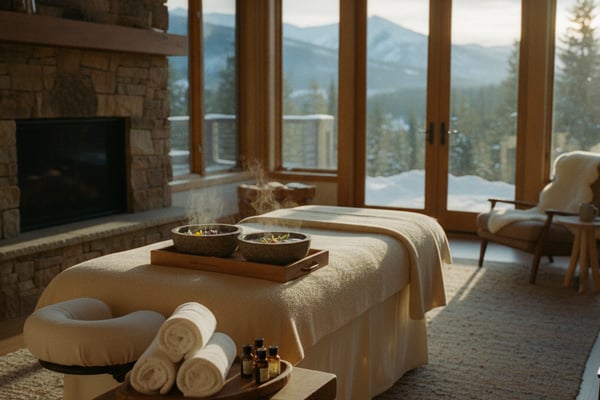 Spa treatment room with massage table, stone fireplace, and floor-to-ceiling windows overlooking mountain forest landscape