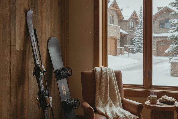 Ski and snowboard leaning against wood wall beside brown armchair with blanket, overlooking snowy brick houses through large windows