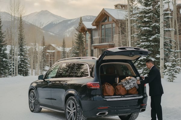 Man loading luggage into SUV in snowy mountain landscape with modern lodge and evergreen trees