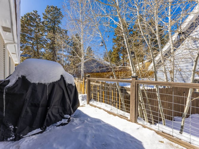 Snow-covered deck with black grill, wooden railing, bare aspen trees, and mountain views under clear blue sky
